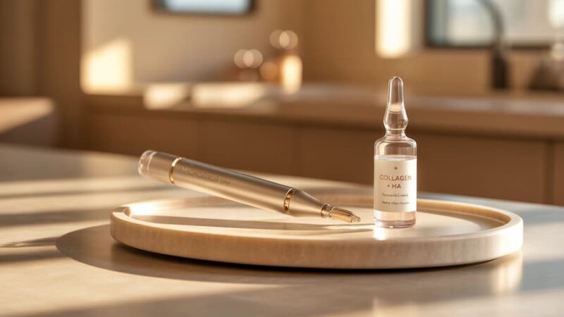 Modernus mikroadatinės terapijos (Dermapen) aparatas ir hialurono ampulė prabangiame kosmetologo kabinete. Kolageno indukcija, aknės randų ir išsiplėtusių porų mažinimas