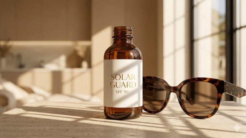 Estetiškas SPF 50+ apsaugos nuo saulės kremo buteliukas ir akiniai šiltų saulės spindulių fone. Veido apsauga nuo UV spindulių ir fotosenėjimo – efektyviausia „anti-aging“ priemonė