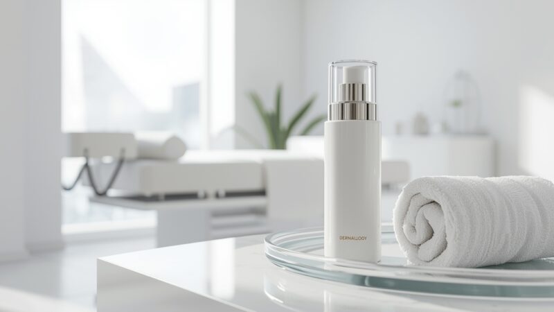 Šviesus estetinės medicinos kabinetas su modernia įranga ir švariais kosmetikos buteliukais, pritaikytais aknės gydymui