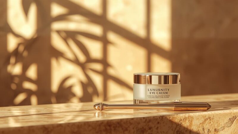 Mažas prabangus paakių kremo indelis ir vėsinantis metalinis masažuoklis šiltame estetinės klinikos fone. Tamsių ratilų, paburkimų ir smulkių paakių raukšlių priežiūra naudojant kofeiną bei peptidus