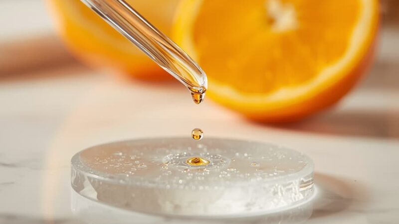 Pipetė su lašančiu auksiniu Vitamino C serumu ant matinio stiklo estetinės kosmetologijos kabinete. Stabilios vitamino C formos ir antioksidantai veido odos skaistinimui bei fotosenėjimo prevencijai